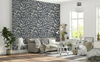 Ethereal Leaves botanical wallpaper mural in dusty navy tones.