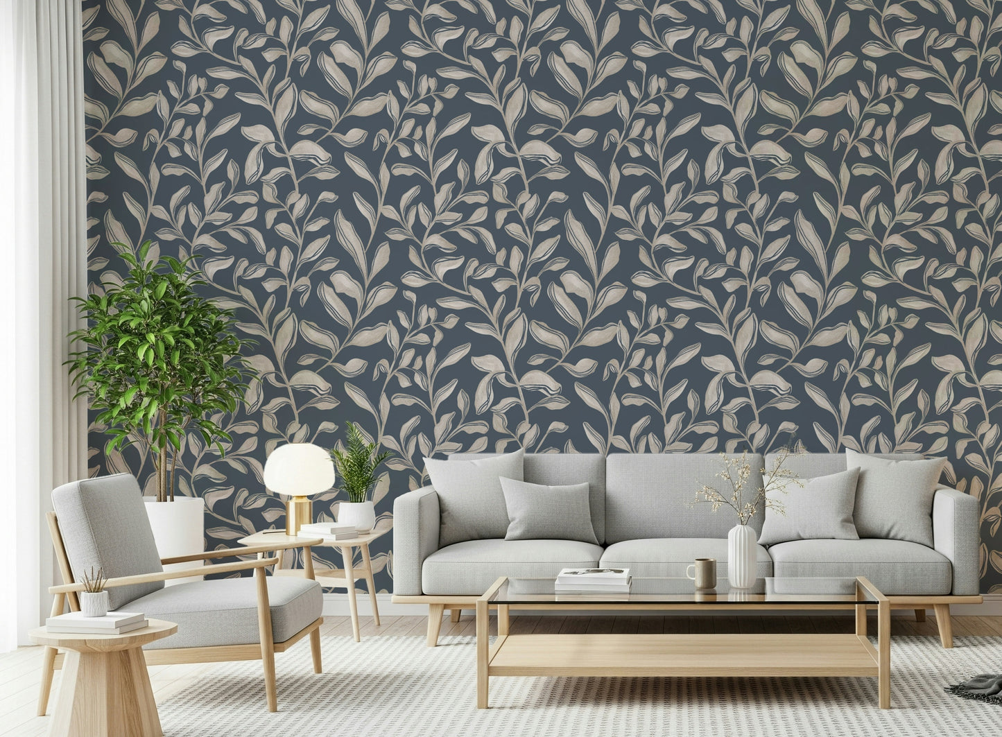 Ethereal Leaves charcoal slate background wallpaper for walls.