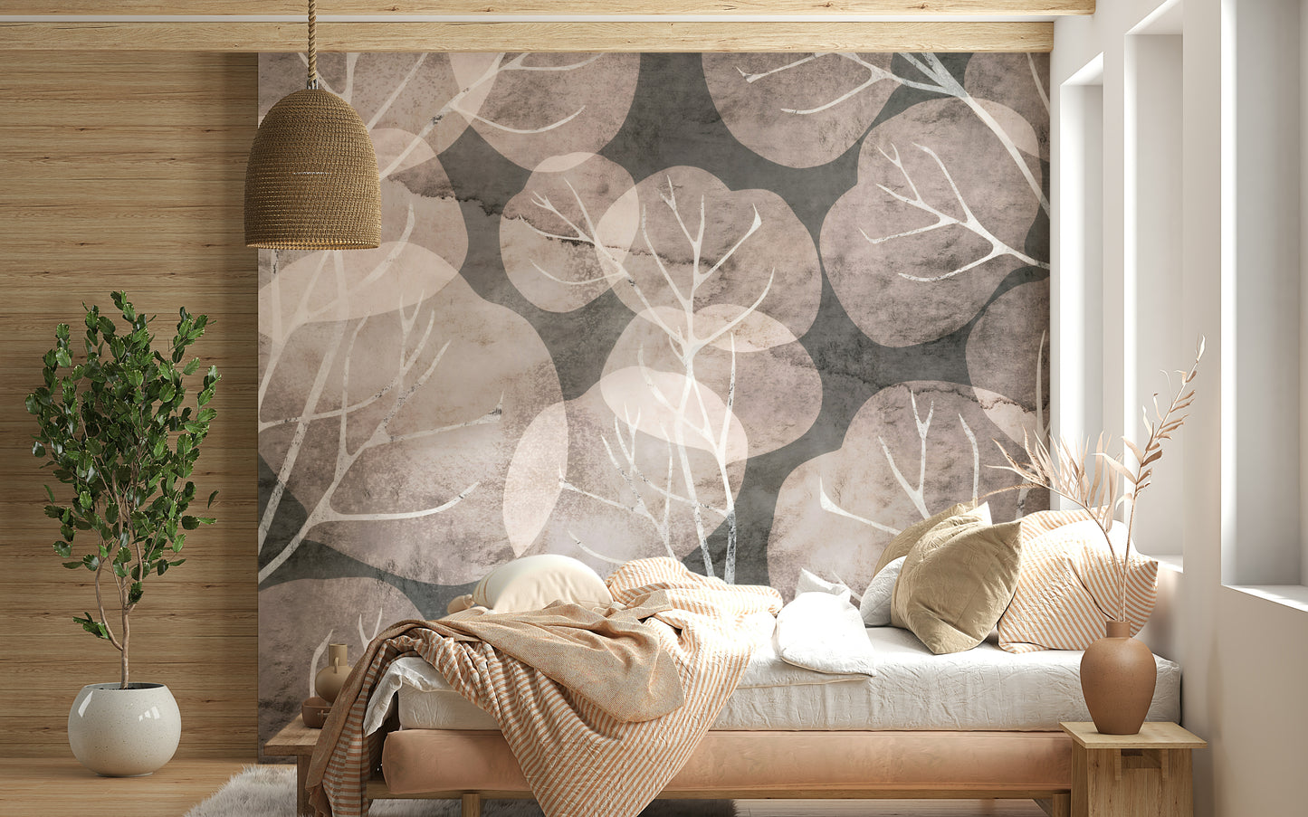 Midwinter Leaf - Pewter & Blush Wall Mural