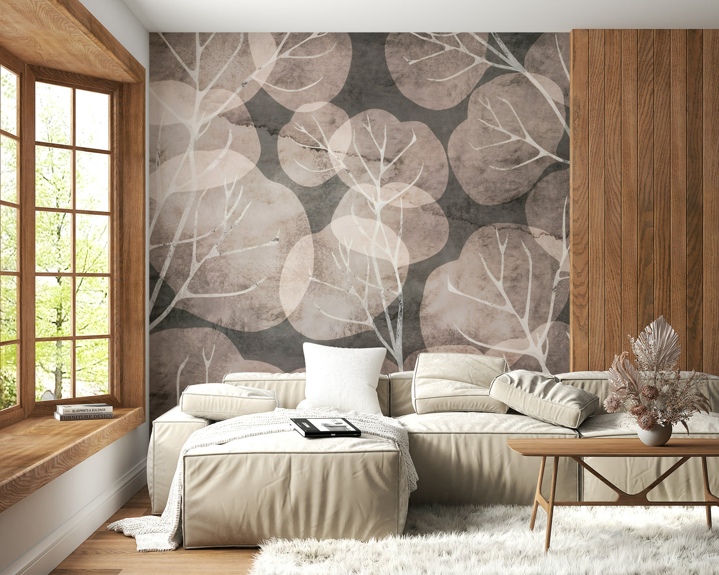 Midwinter Leaf - Pewter & Blush Wall Mural