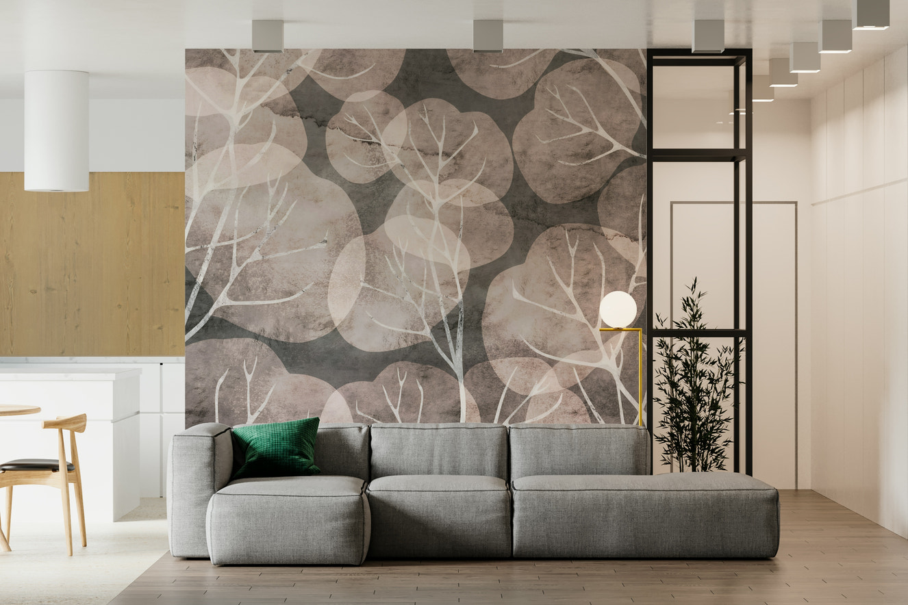 Midwinter Leaf - Pewter & Blush Wall Mural