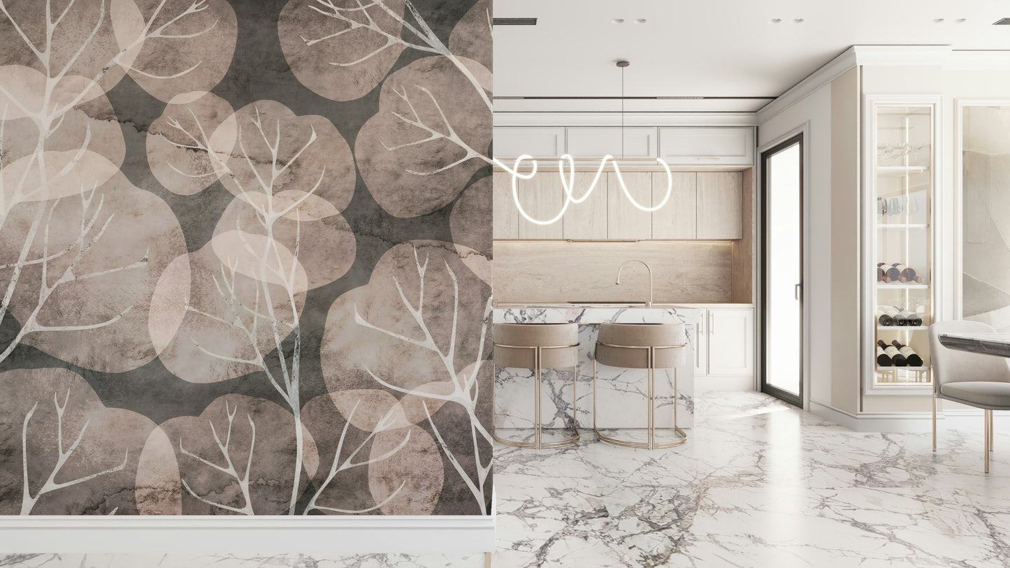 Midwinter Leaf - Pewter & Blush Wall Mural