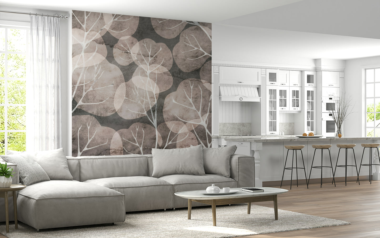 Midwinter Leaf - Pewter & Blush Wall Mural