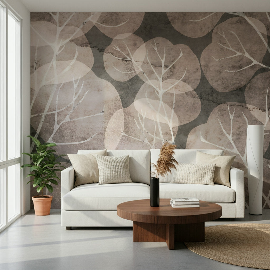 Midwinter Leaf - Pewter & Blush Wall Mural