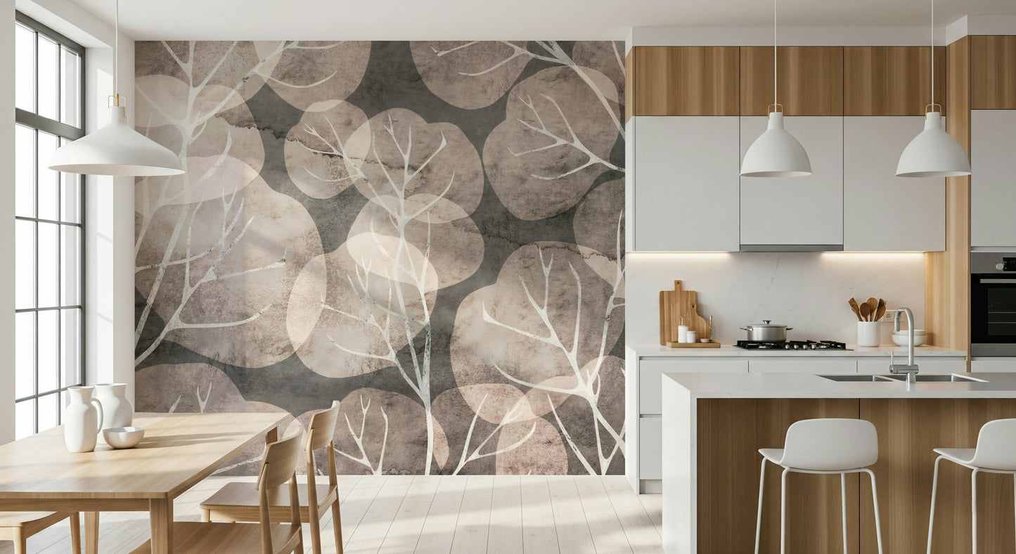 Midwinter Leaf - Pewter & Blush Wall Mural