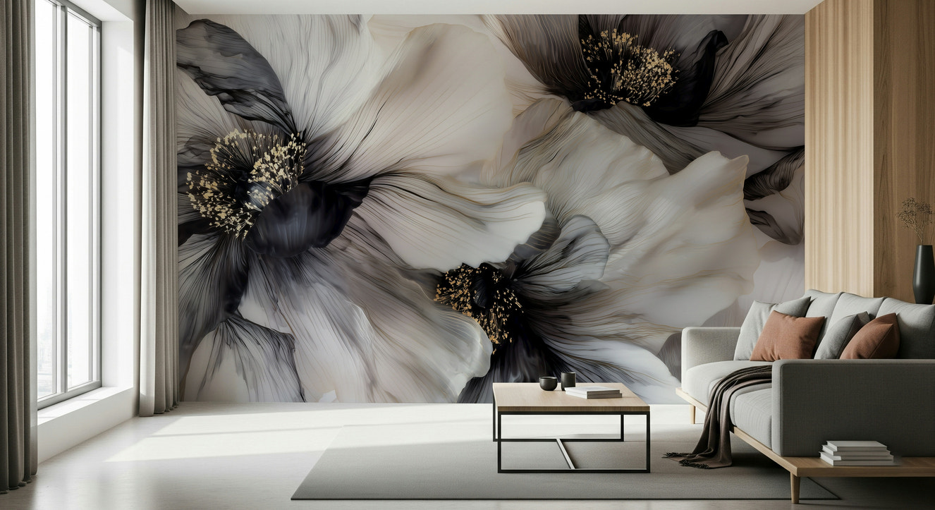Monochrome Petal Ink Flow Harmony Wall Mural