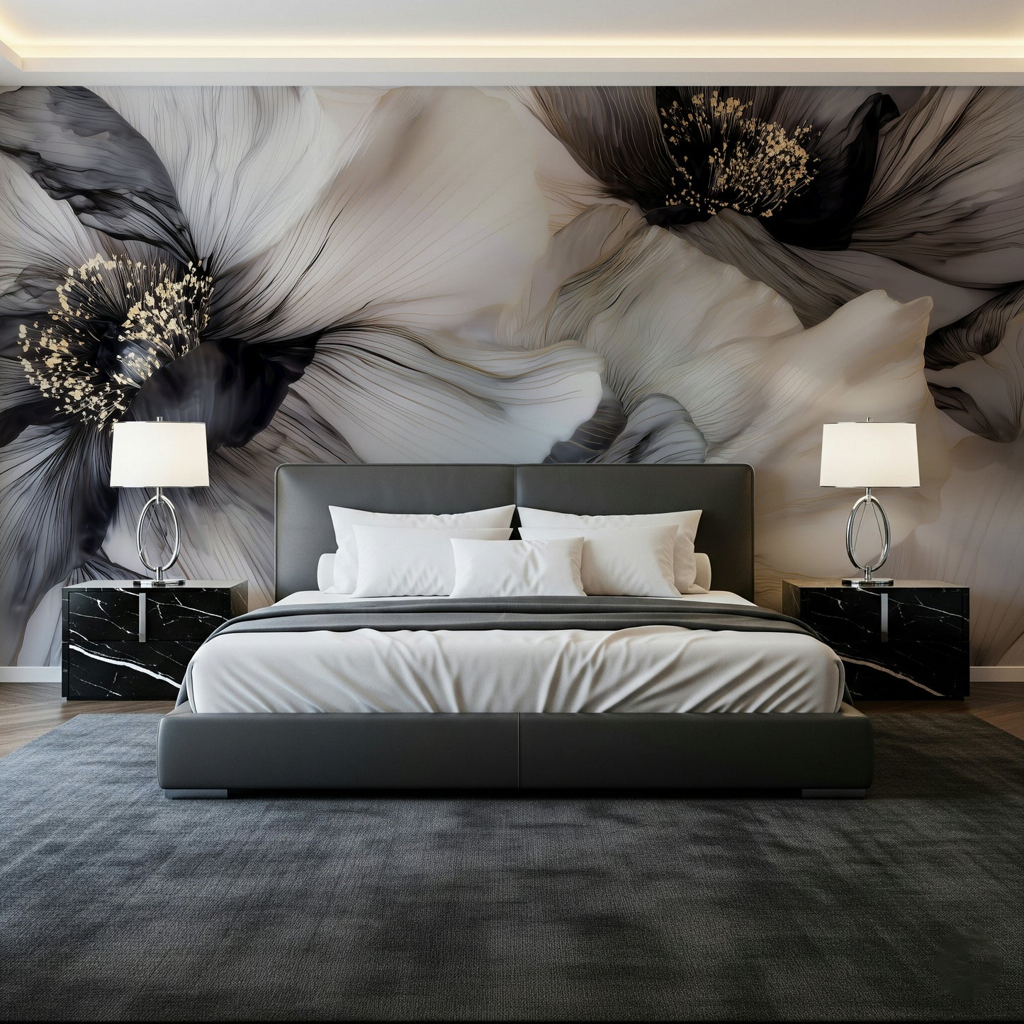 Monochrome Petal Ink Flow Harmony Wall Mural