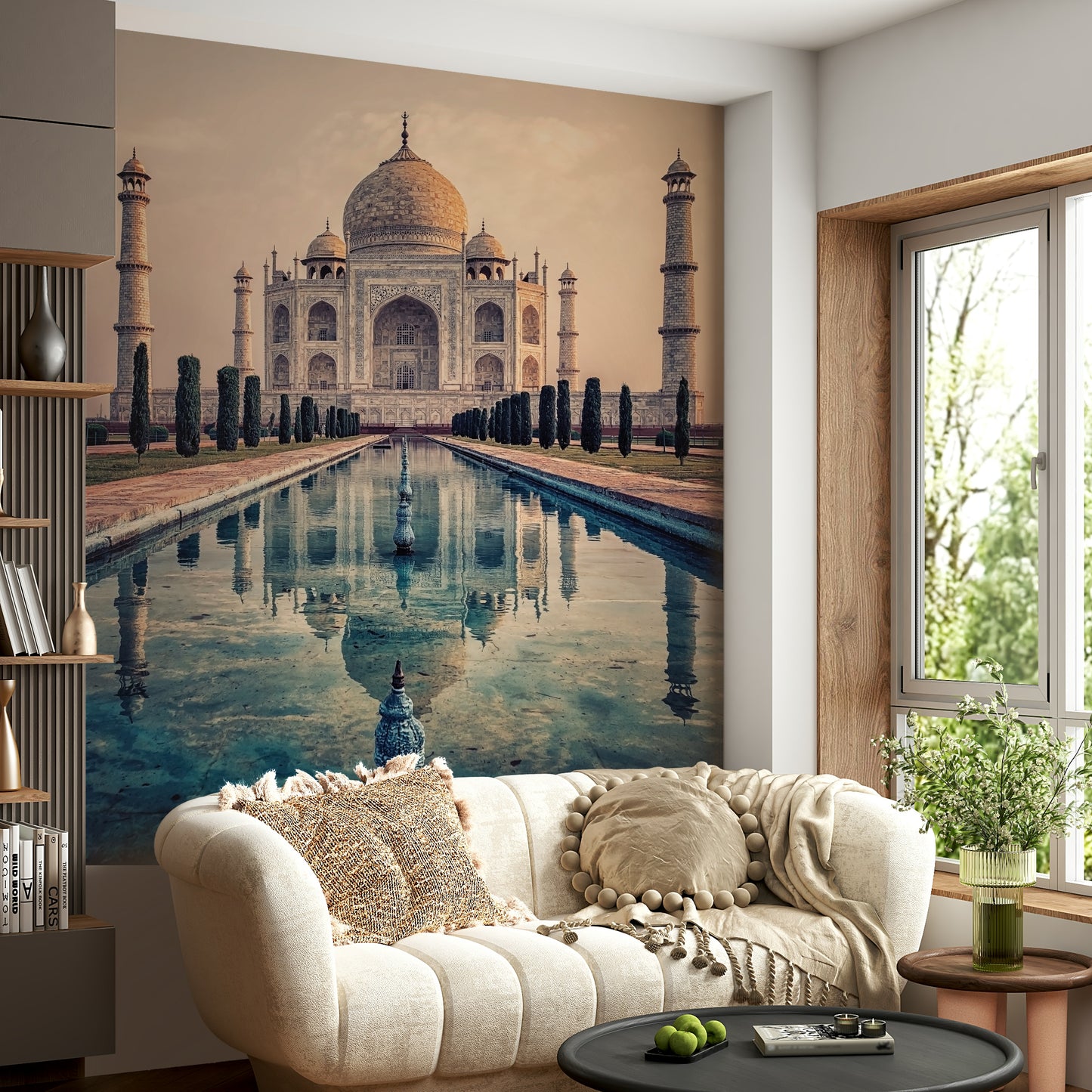 Elegant mausoleum architecture defines Indian Palace Serenity mural.