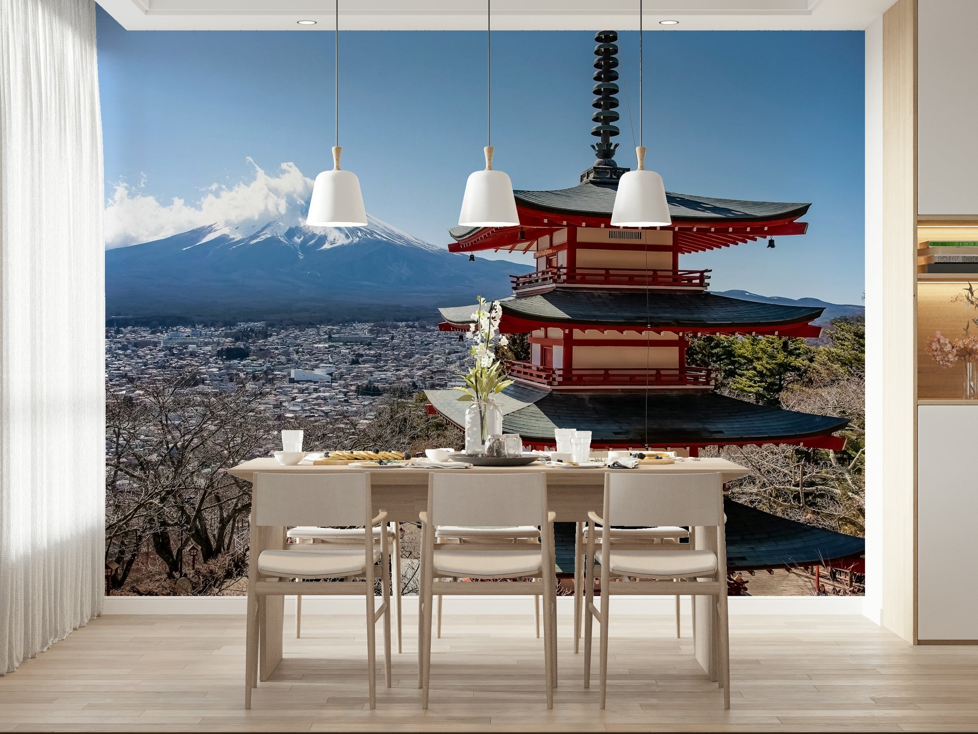 Majestic volcano scenery Fuji Vista peel and stick wallpaper.