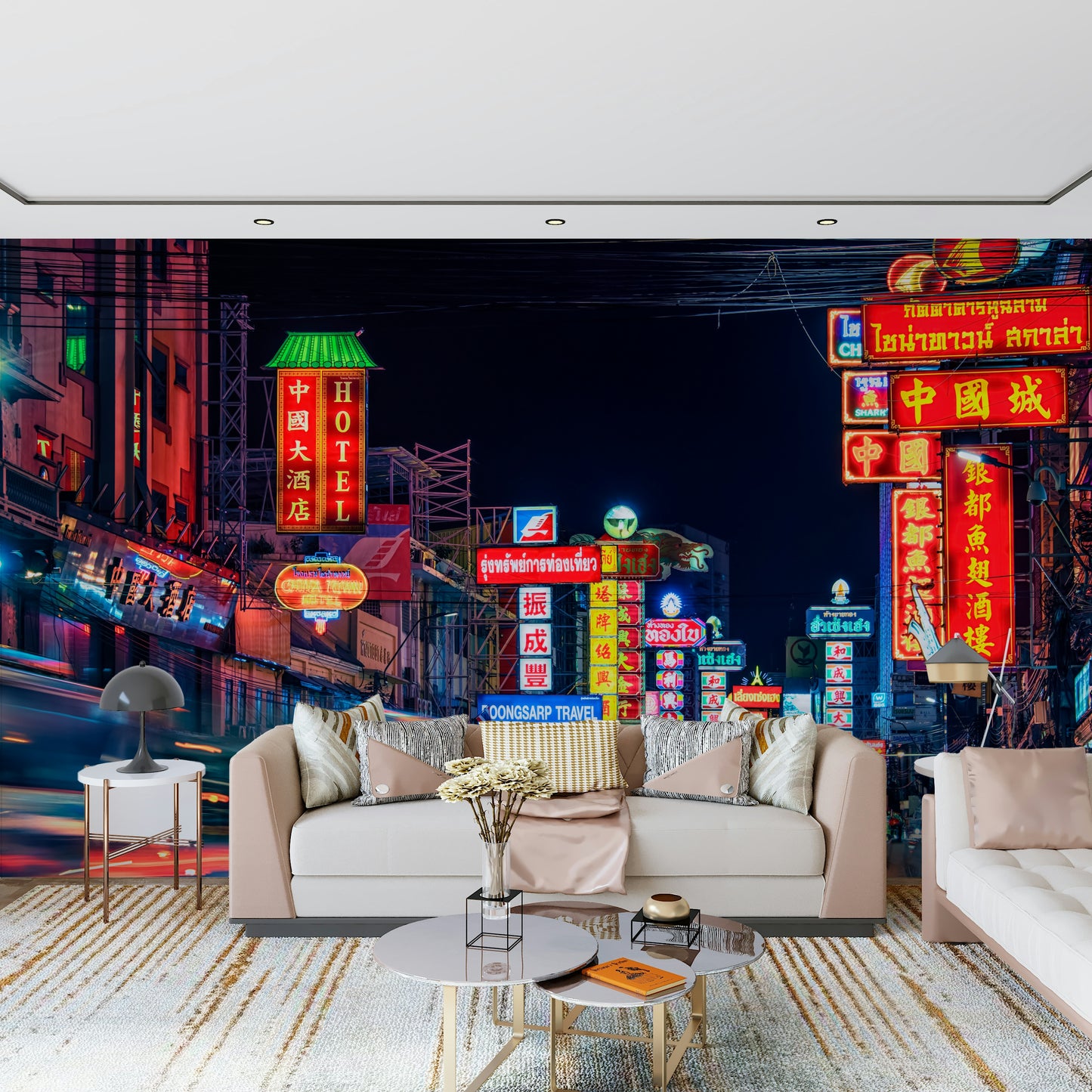 Midnight traffic streaks Chinatown Dreams wallpaper for walls.