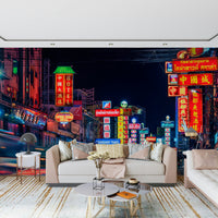 Midnight traffic streaks Chinatown Dreams wallpaper for walls.