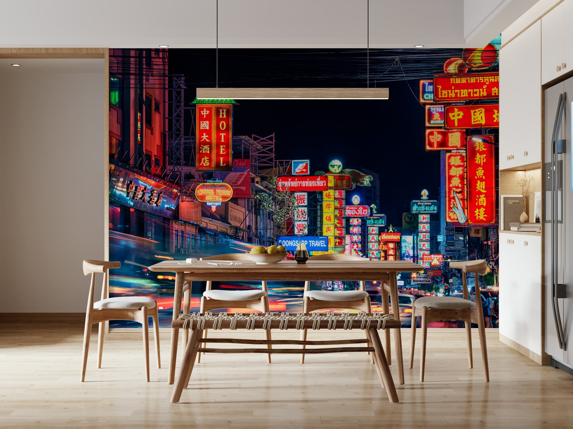 Chinatown Dreams peel and stick wallpaper colorful neon lights.