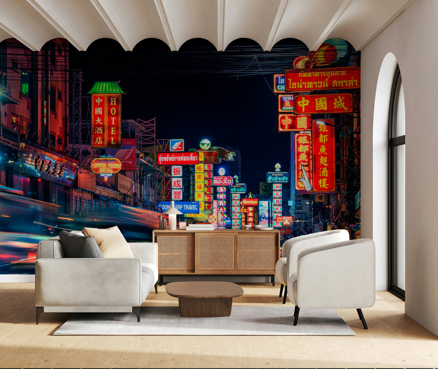 Glowing kanji signs Chinatown Dreams wallpaper for walls.