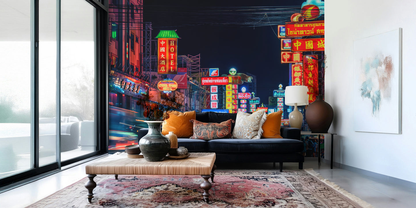 Radiant storefronts Chinatown Dreams wallpaper mural for bedrooms.