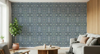 Modern ink-blue labyrinths grace Indigo Flow peel and stick wallpaper.