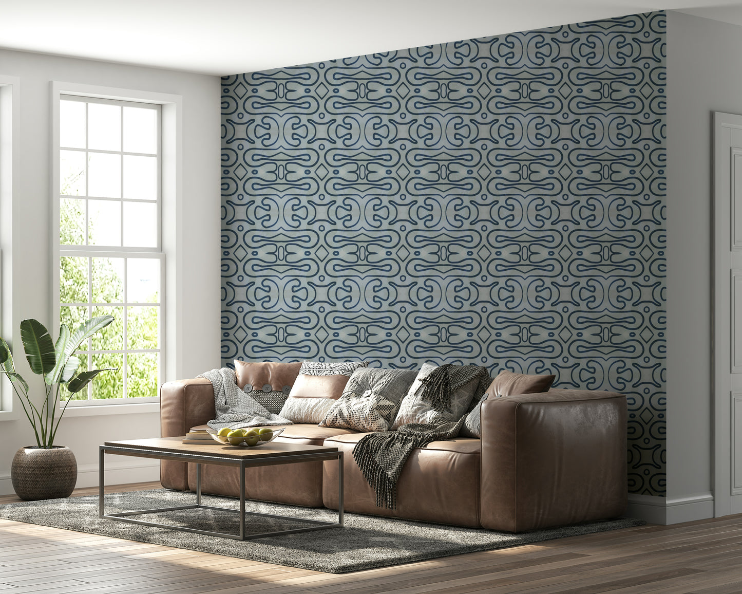 Rhythmic cerulean swirls decorate Indigo Flow wallpaper for walls.