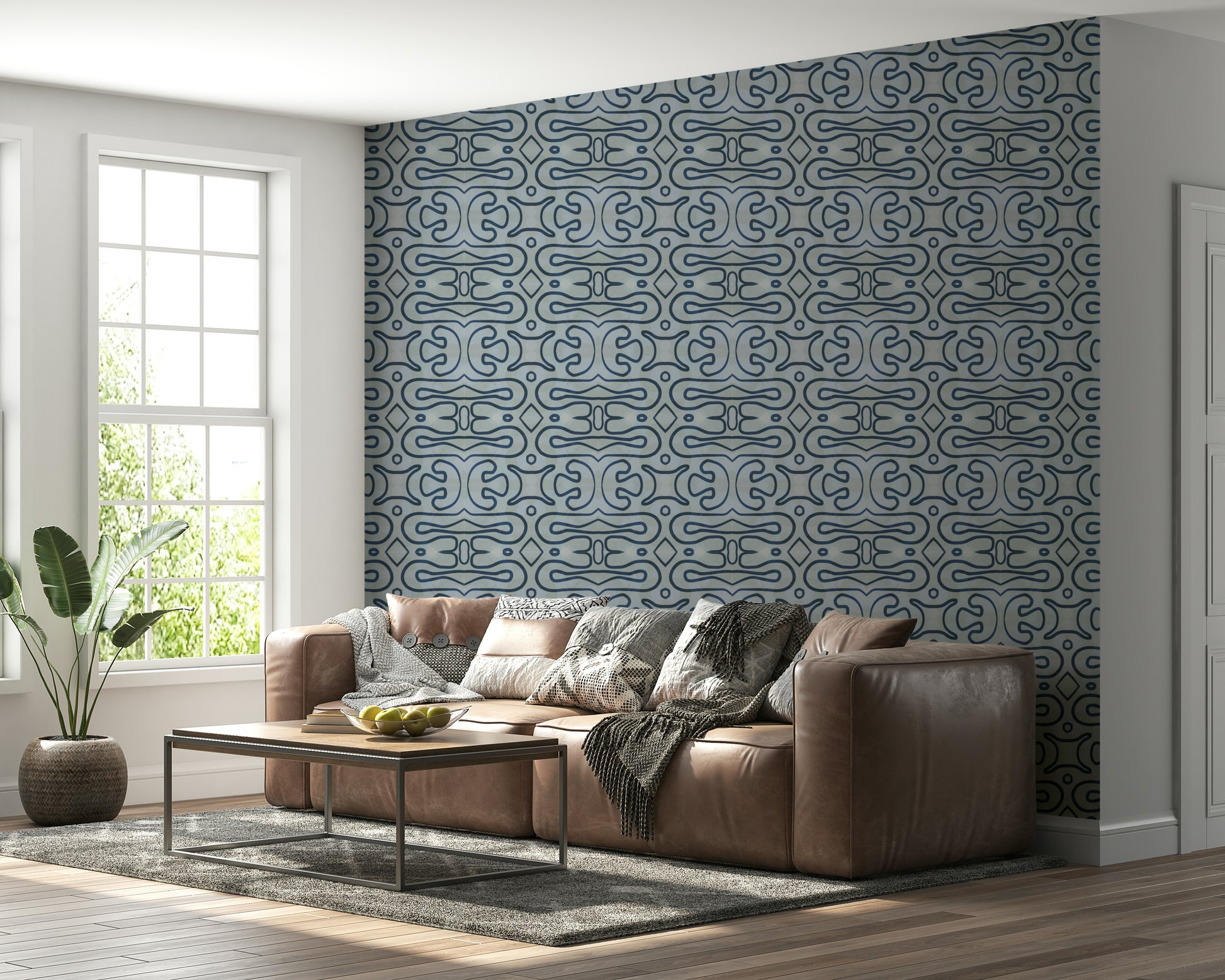 Rhythmic cerulean swirls decorate Indigo Flow wallpaper for walls.