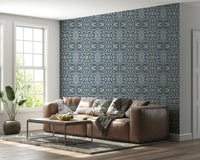 Rhythmic cerulean swirls decorate Indigo Flow wallpaper for walls.