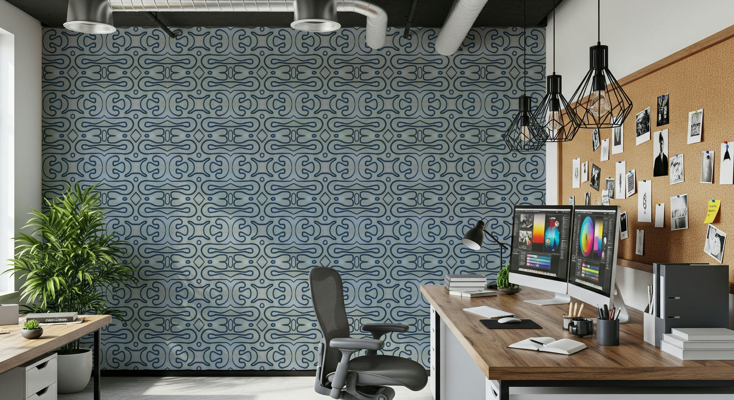 Minimalist Indigo Flow peel and stick wallpaper showing curved symmetry.