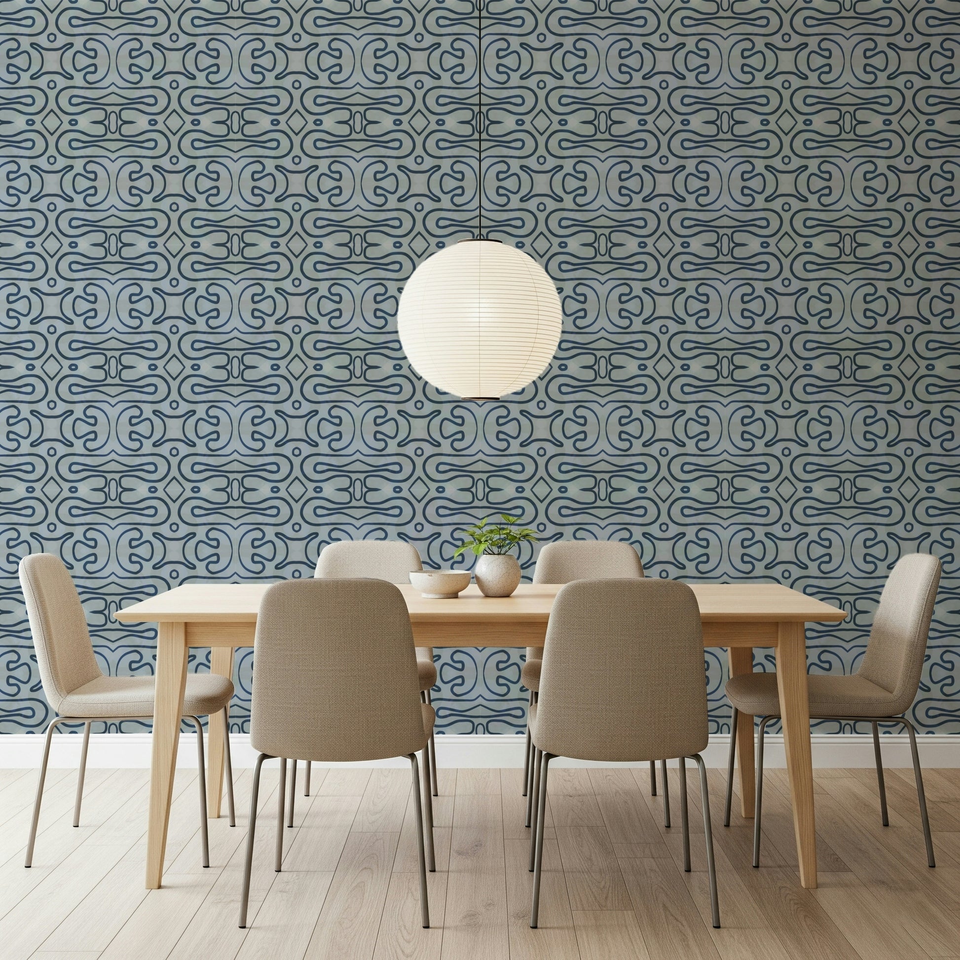 Indigo Flow wallpaper for walls featuring blue aquatic loops.
