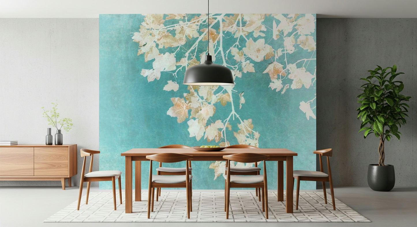 Teal Leaf Whispers Wall Mural