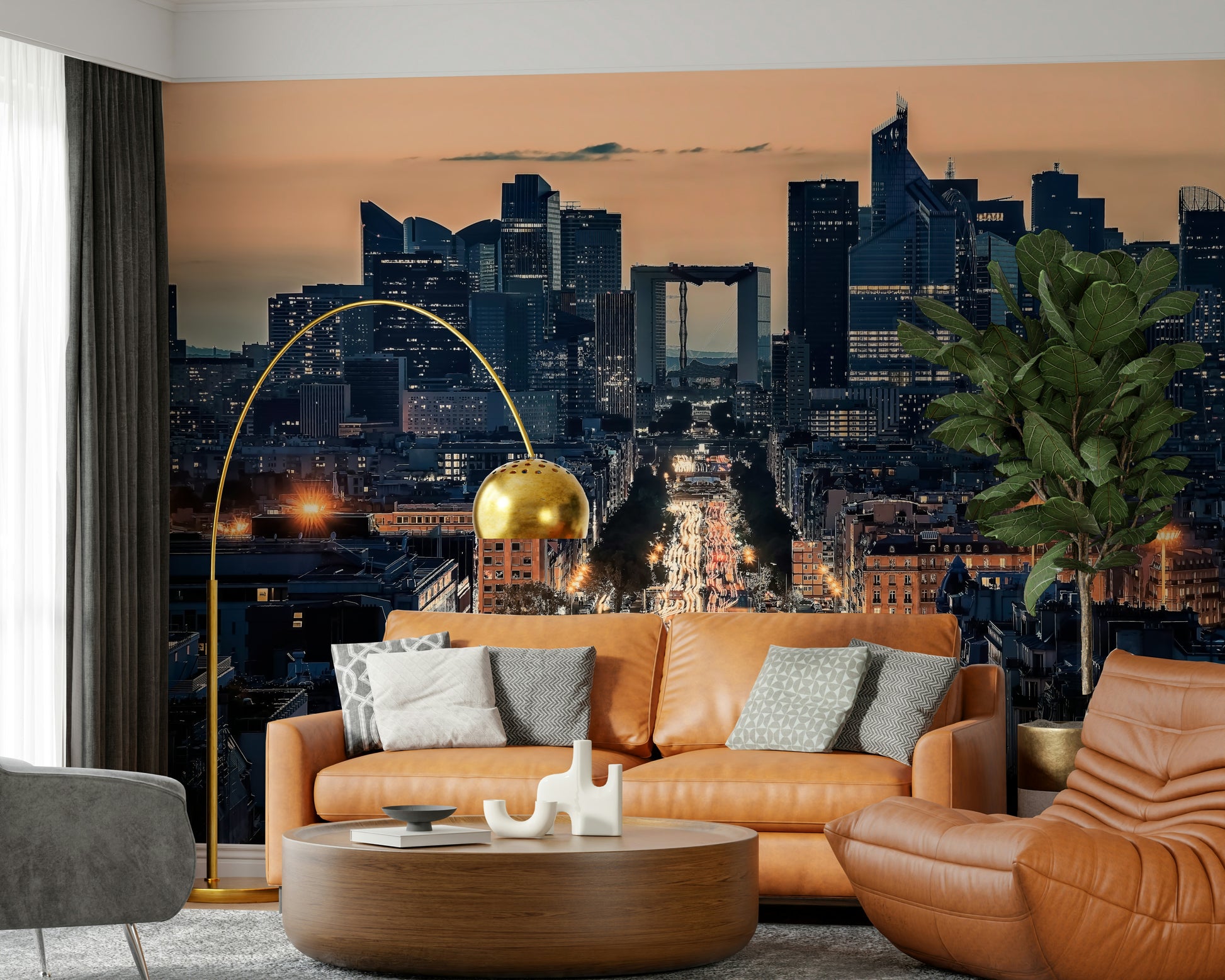 Evening City of Lights wall mural depicting architectural skyline.