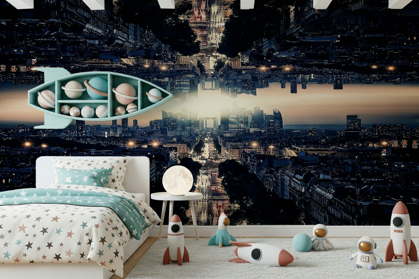 Inverted metropolitan skyline Parallel Universe wall mural.