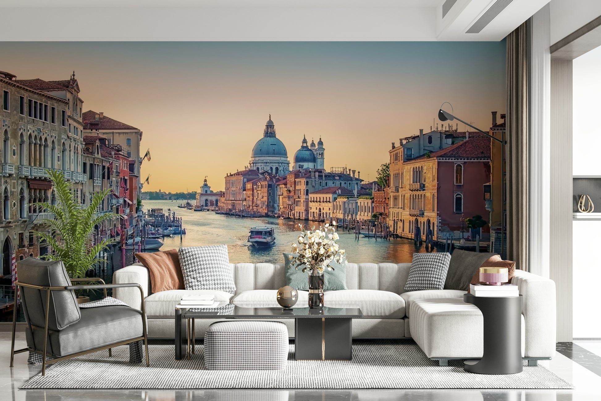 Venice Serenade wallpaper mural showing golden canal sunset.