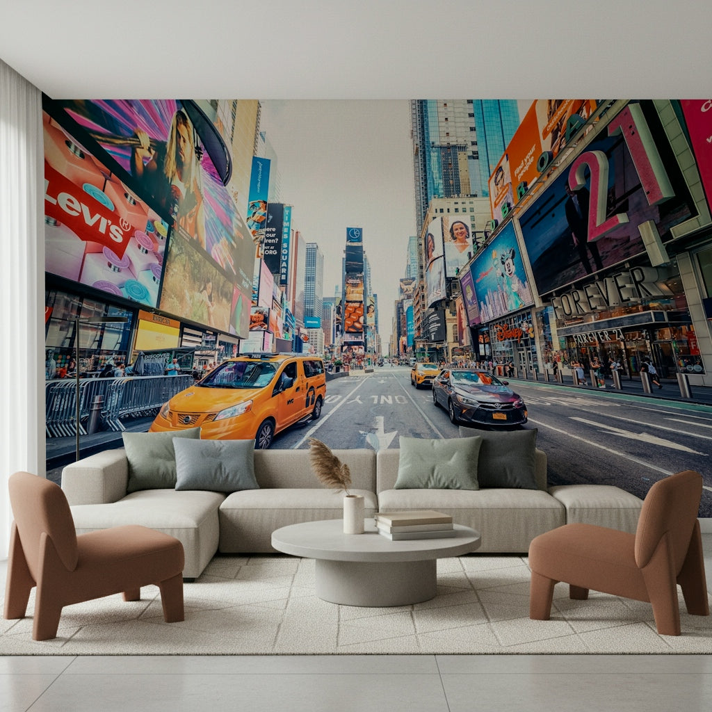 Realistic street level Times Square Hustle wallpaper mural art.