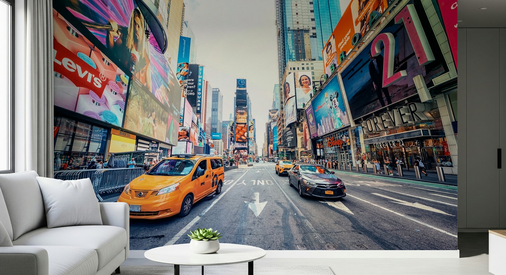 Yellow cab transit Times Square Hustle peel and stick wallpaper.