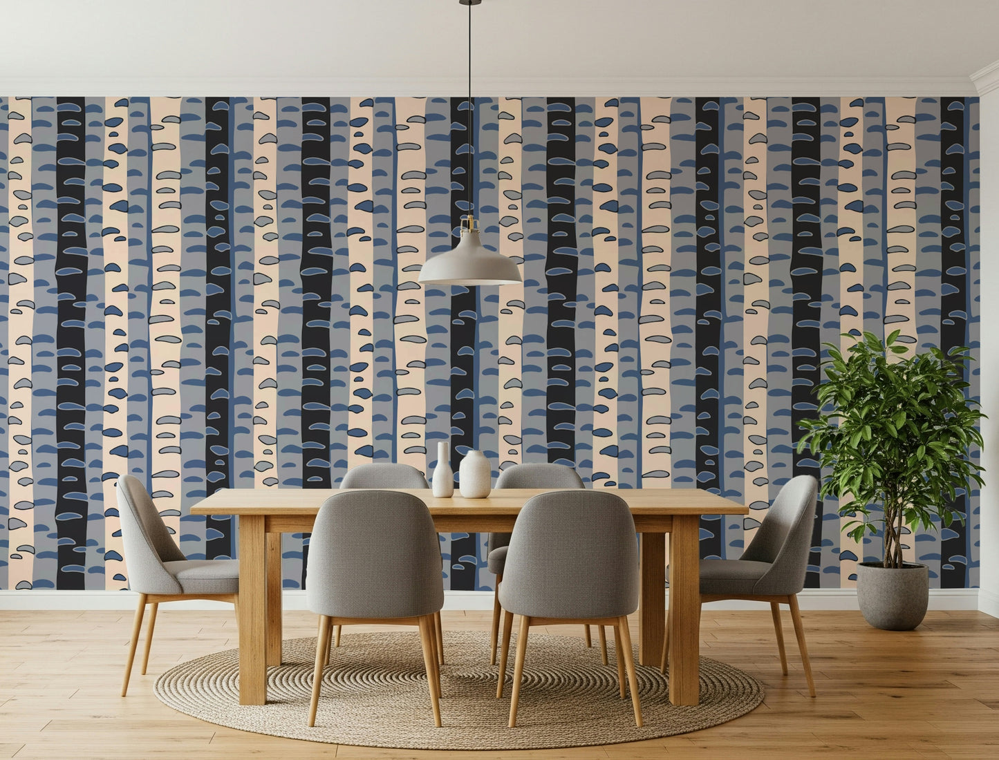 Birch Tree Stripes Retro Abstract Forest in Blue Black Cream Gray Wallpaper⁠