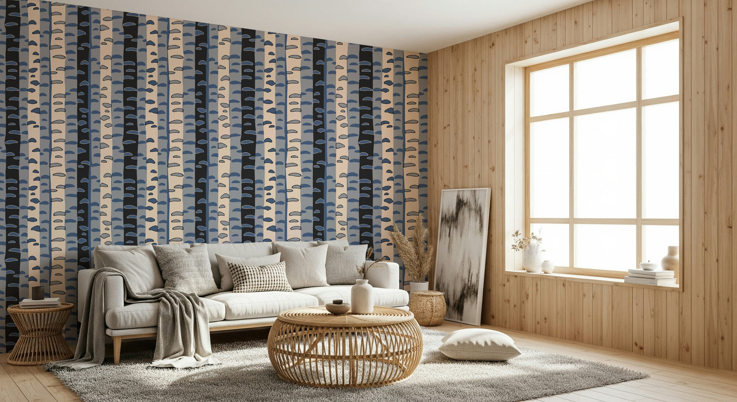 Birch Tree Stripes Retro Abstract Forest in Blue Black Cream Gray Wallpaper⁠