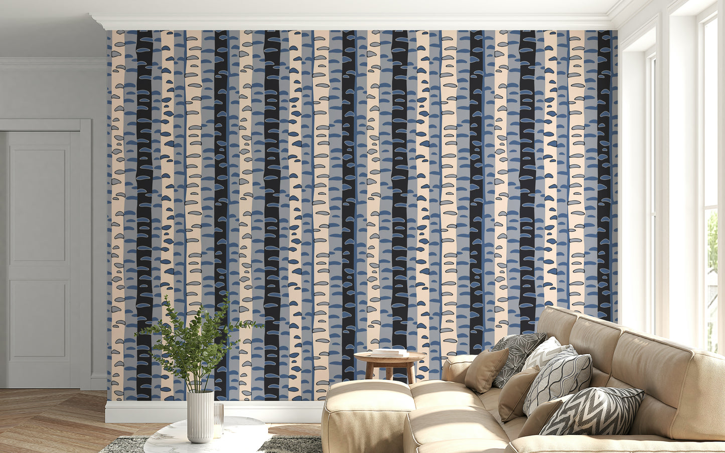 Birch Tree Stripes Retro Abstract Forest in Blue Black Cream Gray Wallpaper⁠