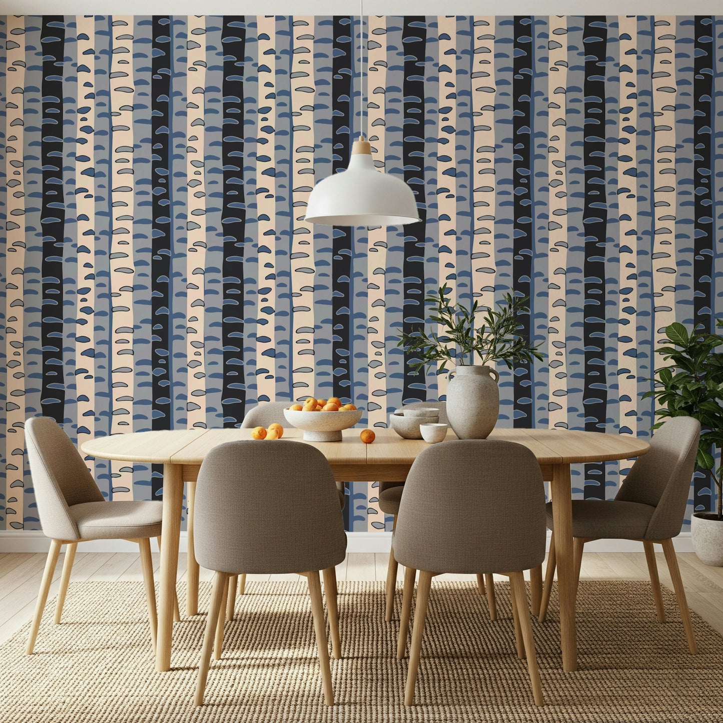 Birch Tree Stripes Retro Abstract Forest in Blue Black Cream Gray Wallpaper⁠