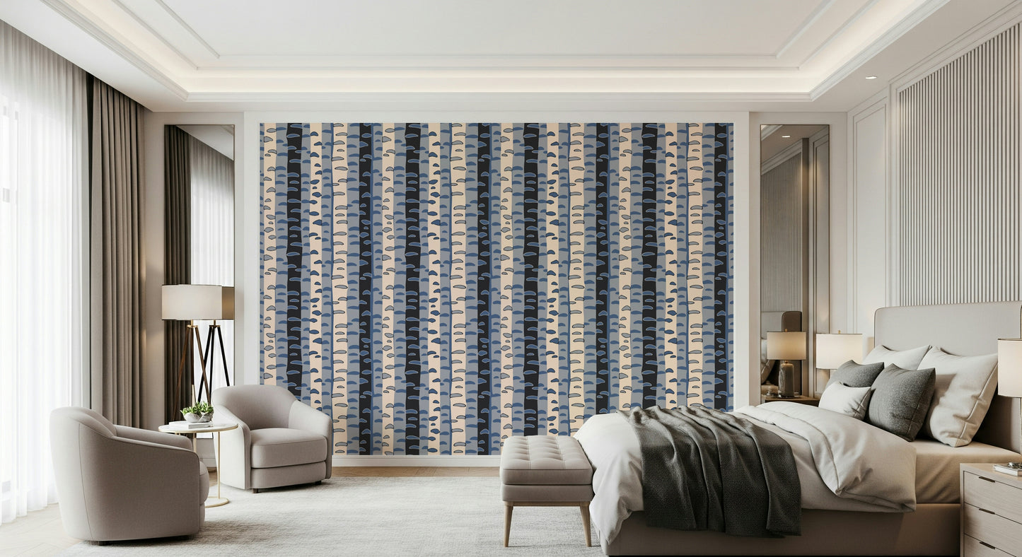 Birch Tree Stripes Retro Abstract Forest in Blue Black Cream Gray Wallpaper⁠