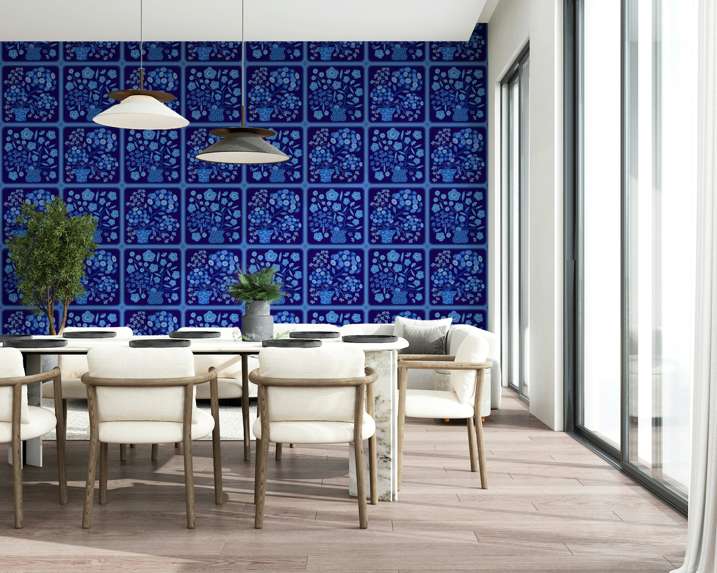 Flower Bouquet Tiles Floral Dark Delft Blue Wallpaper⁠