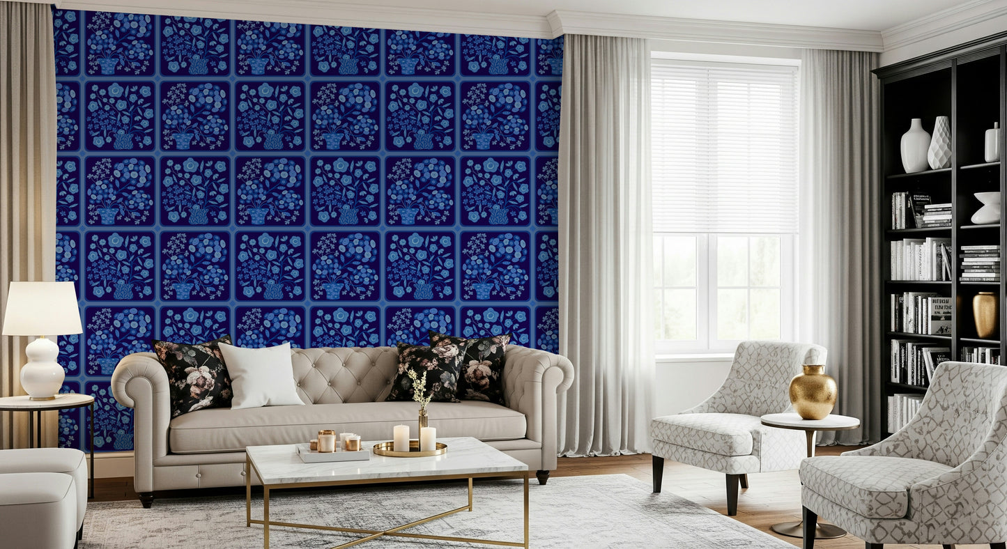 Flower Bouquet Tiles Floral Dark Delft Blue Wallpaper⁠