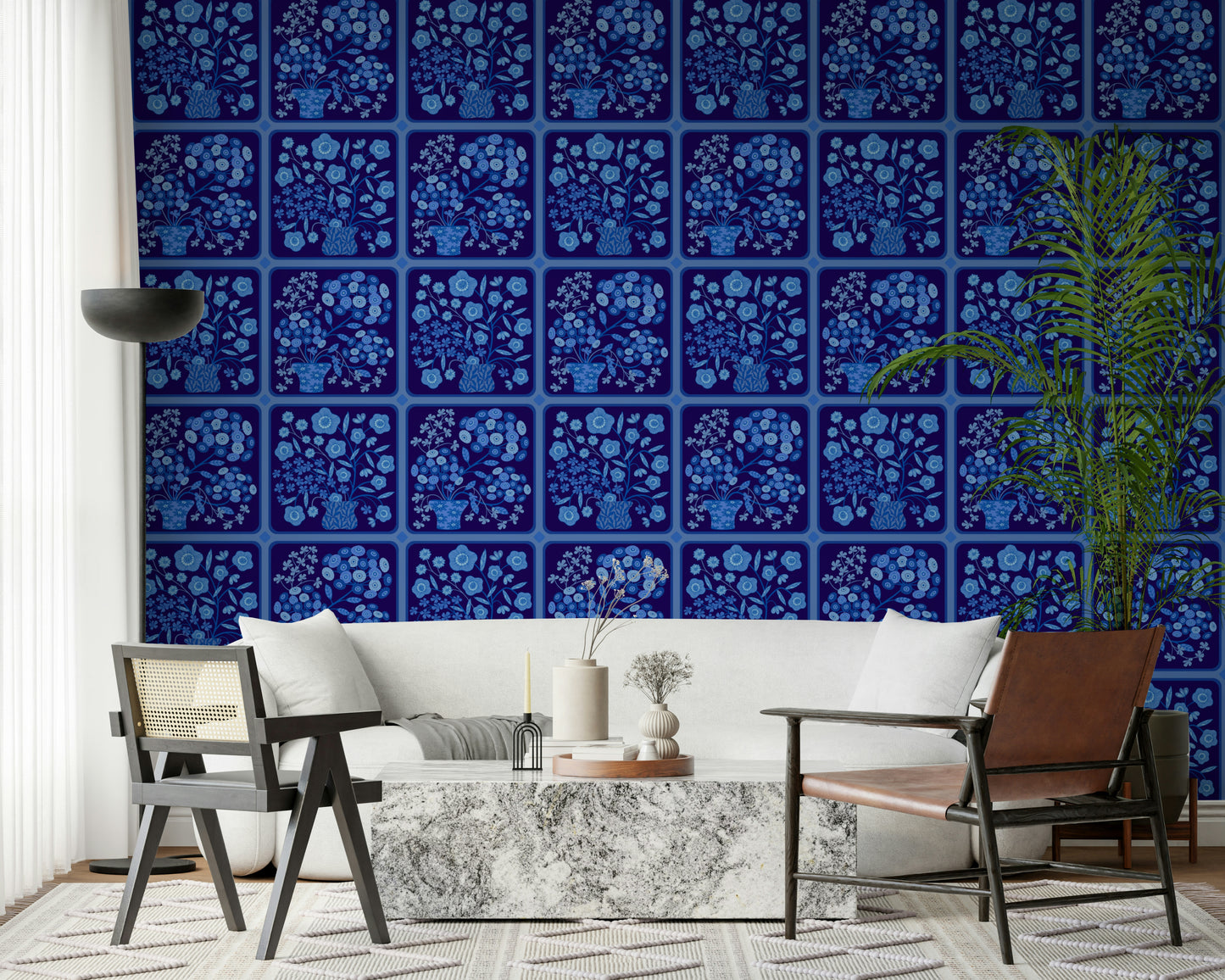 Flower Bouquet Tiles Floral Dark Delft Blue Wallpaper⁠