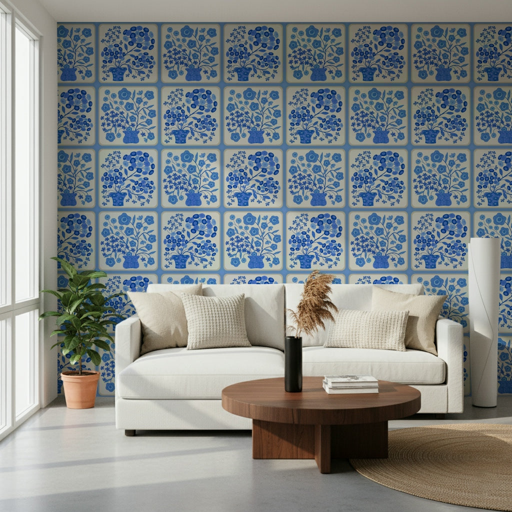 Flower Bouquet Tiles Floral Light Delft Blue and White Wallpaper⁠