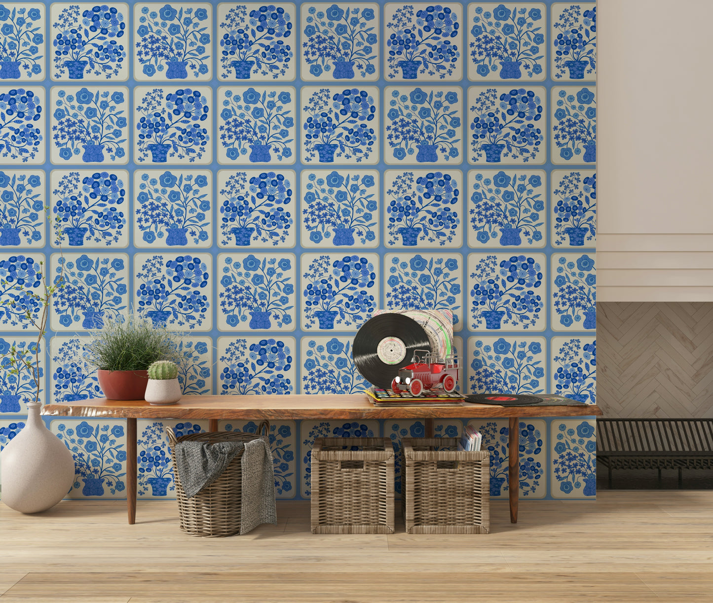 Flower Bouquet Tiles Floral Light Delft Blue and White Wallpaper⁠