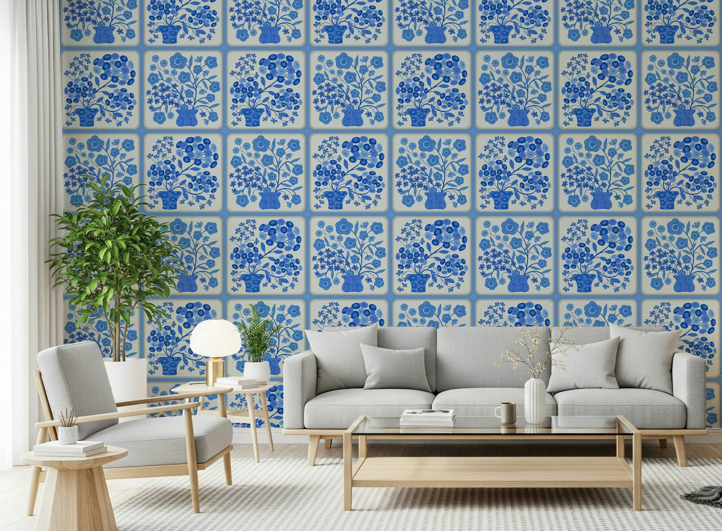 Flower Bouquet Tiles Floral Light Delft Blue and White Wallpaper⁠