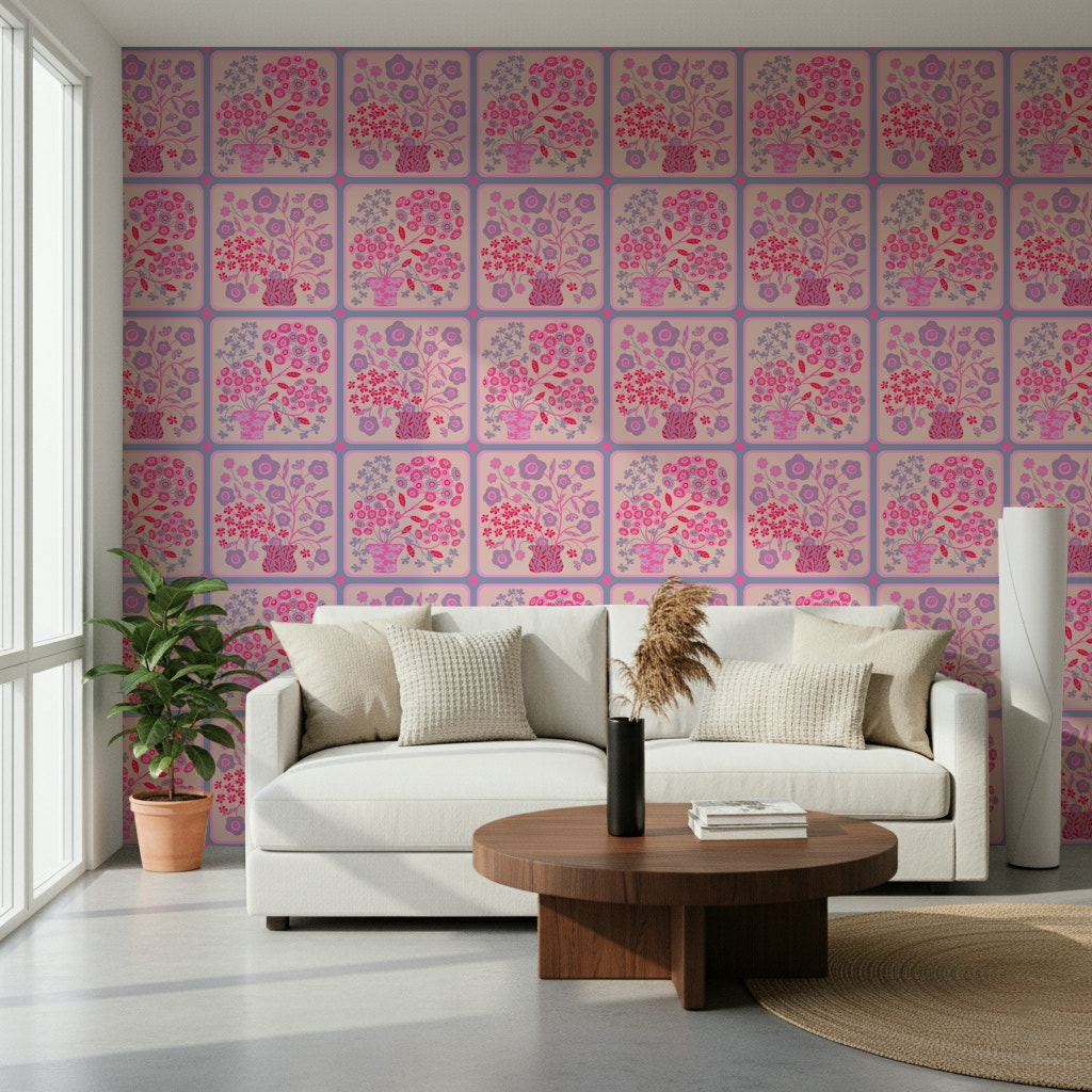 Flower Bouquet Tiles Floral Pretty Pink Red Fuchsia Lavender Purple Wallpaper⁠