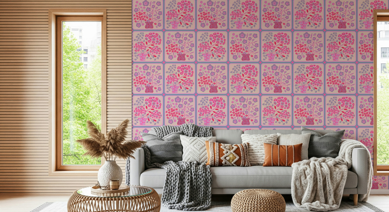 Flower Bouquet Tiles Floral Pretty Pink Red Fuchsia Lavender Purple Wallpaper⁠
