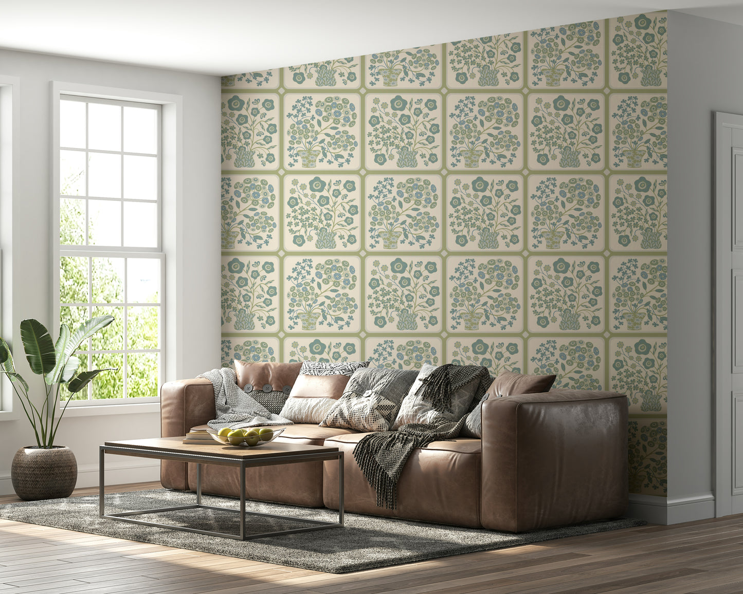 Flower Bouquet Tiles Floral Sage Green Blue Wallpaper⁠