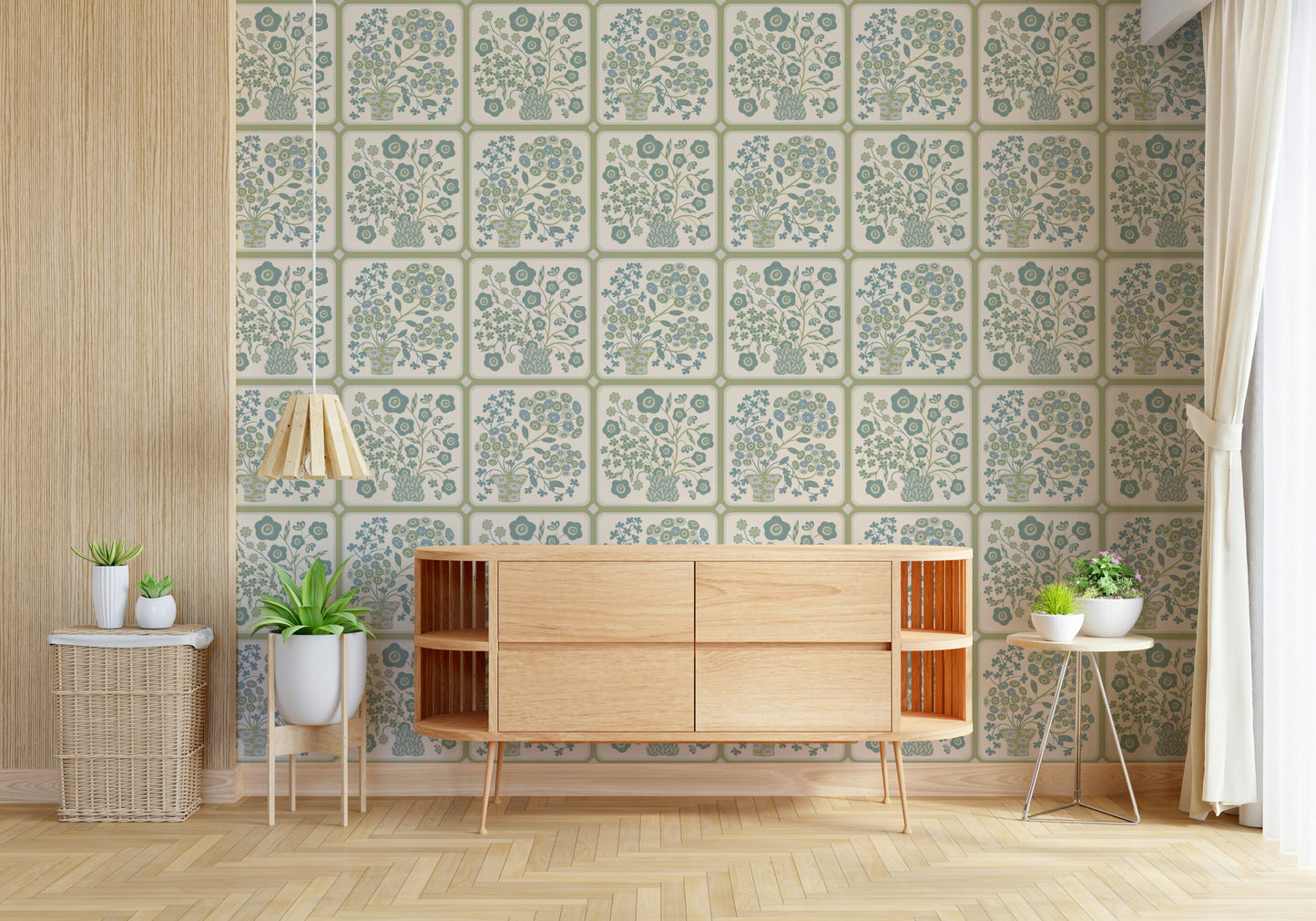 Flower Bouquet Tiles Floral Sage Green Blue Wallpaper⁠