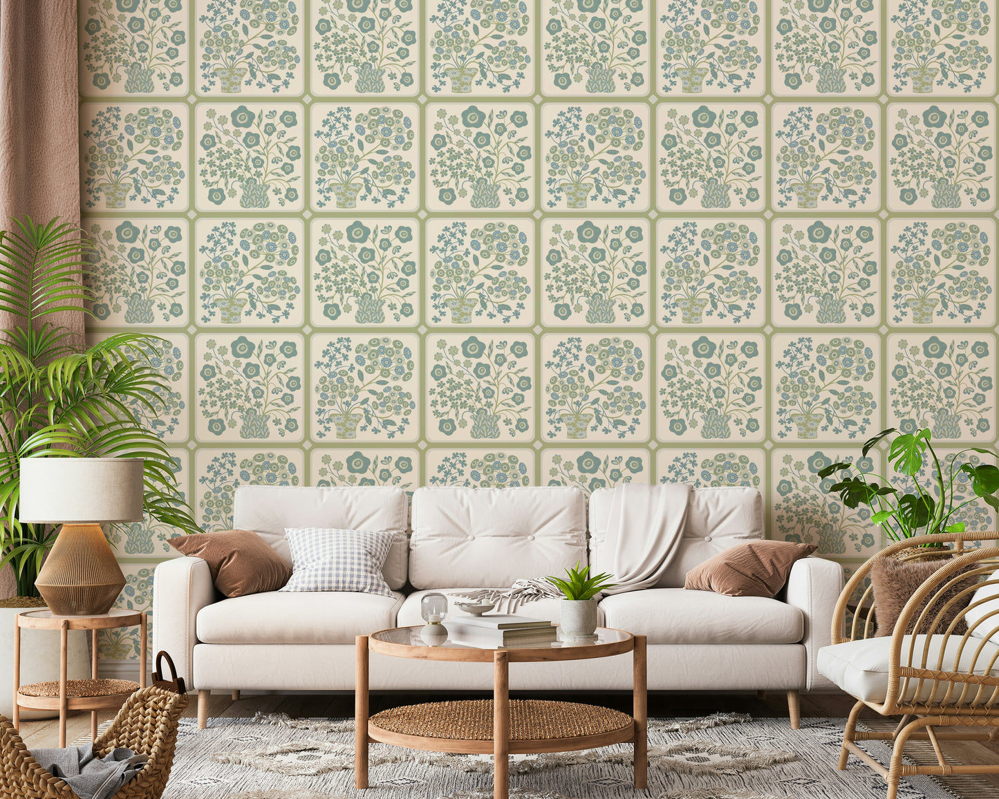 Flower Bouquet Tiles Floral Sage Green Blue Wallpaper⁠