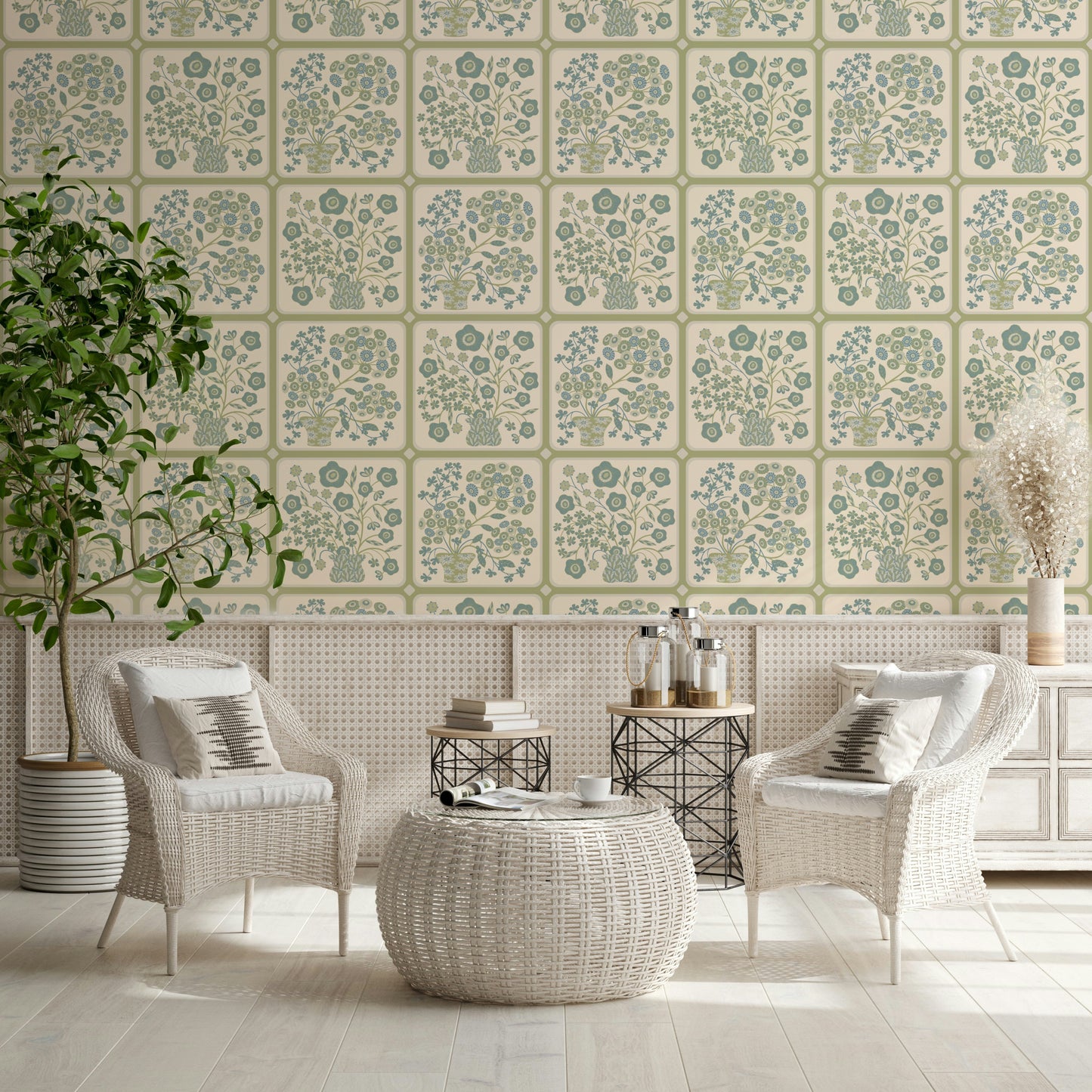 Flower Bouquet Tiles Floral Sage Green Blue Wallpaper⁠