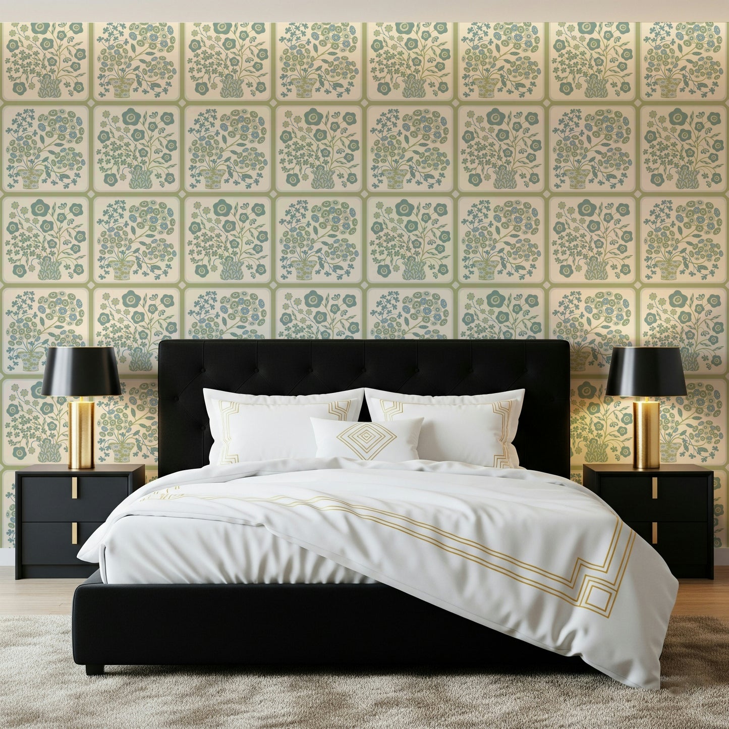 Flower Bouquet Tiles Floral Sage Green Blue Wallpaper⁠