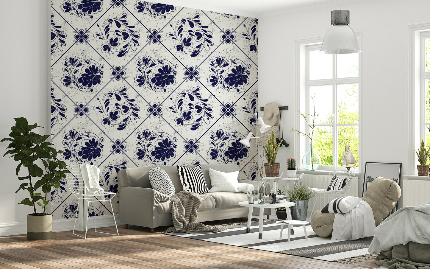 Vintage Indigo Floral Tiles Wallpaper⁠