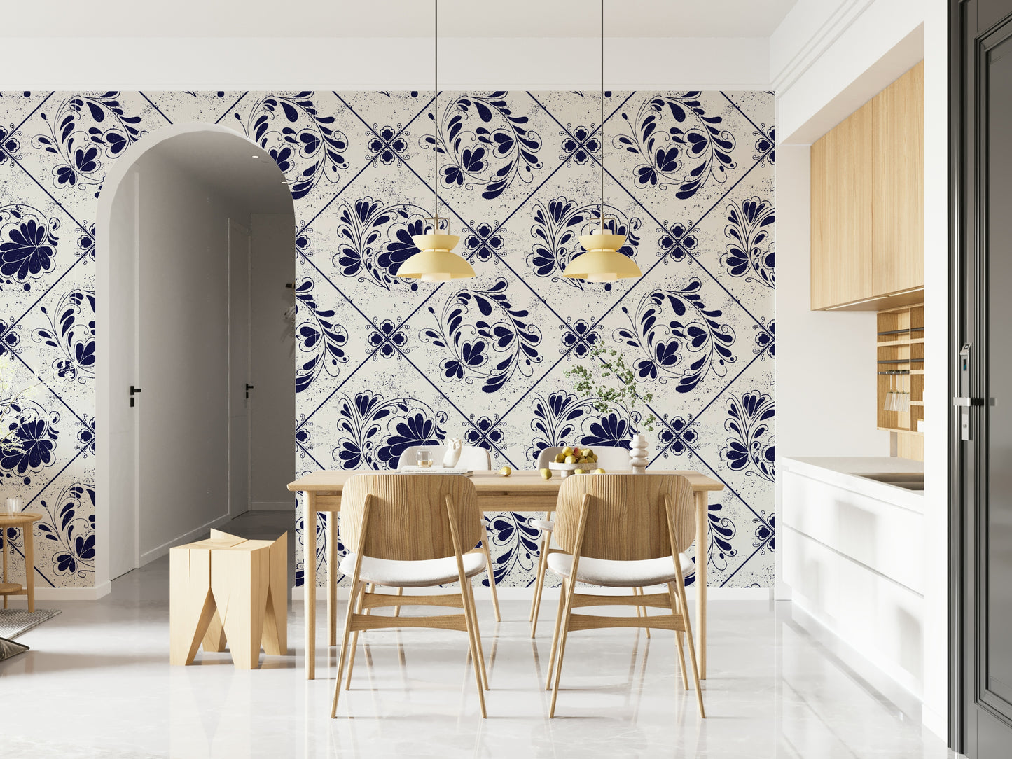 Vintage Indigo Floral Tiles Wallpaper⁠